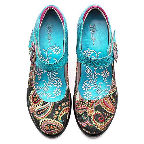 gracosy Botines para Mujer Tacones de Cuero Primavera y Otoño Zapatos de Cuero Boho para Mujer 2019 Café Azul Antideslizante Zapatos Oxford