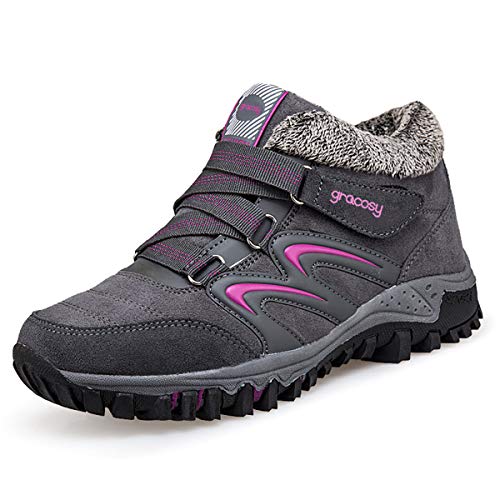 gracosy Mujer Botas de Nieve Senderismo Zapatos Antideslizantes Trekking Zapatos Invierno Piel de Forro Sneakers Transpirables