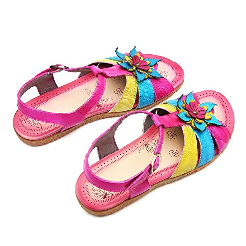 gracosy Sandalias de Las Mujeres de Verano Zapatos Botón de Cuero Plano Decoraciones con Flores al Zire Libre Fiesta luz Moda Colorido Ocasional Púrpura Azul Amarillo