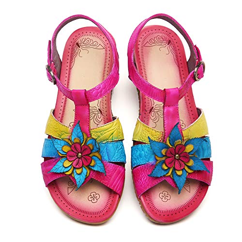 gracosy Sandalias de Las Mujeres de Verano Zapatos Botón de Cuero Plano Decoraciones con Flores al Zire Libre Fiesta luz Moda Colorido Ocasional Púrpura Azul Amarillo