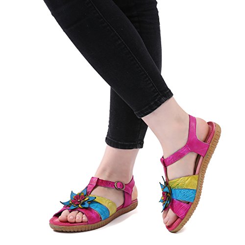 gracosy Sandalias de Las Mujeres de Verano Zapatos Botón de Cuero Plano Decoraciones con Flores al Zire Libre Fiesta luz Moda Colorido Ocasional Púrpura Azul Amarillo