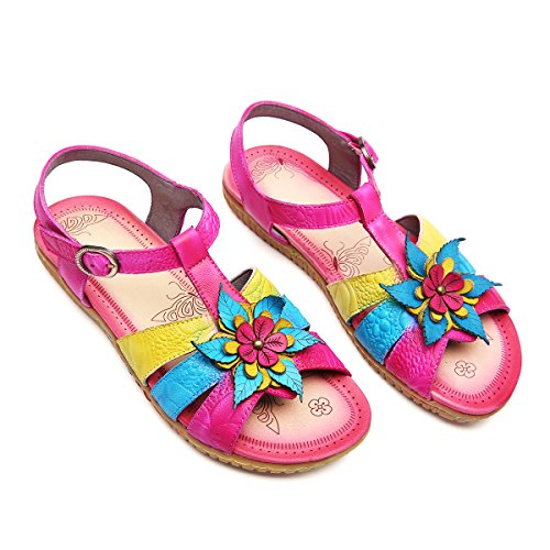 gracosy Sandalias de Las Mujeres de Verano Zapatos Botón de Cuero Plano Decoraciones con Flores al Zire Libre Fiesta luz Moda Colorido Ocasional Púrpura Azul Amarillo