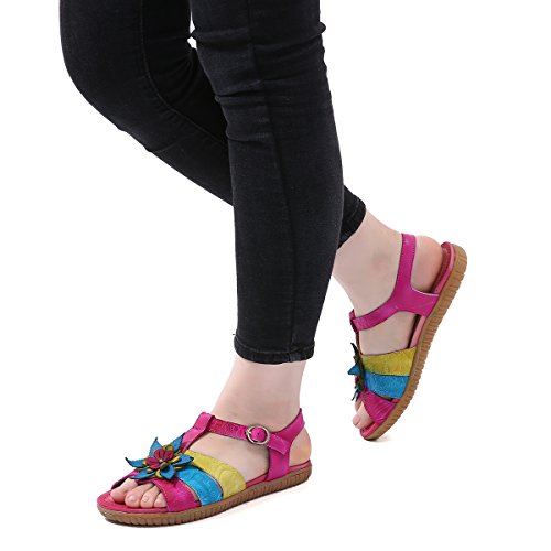 gracosy Sandalias de Las Mujeres de Verano Zapatos Botón de Cuero Plano Decoraciones con Flores al Zire Libre Fiesta luz Moda Colorido Ocasional Púrpura Azul Amarillo