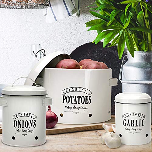 Granrosi - Juego de recipientes para patatas, olla para cebolla y olla para ajo en diseño vintage para un almacenamiento elegante y una larga vida útil.