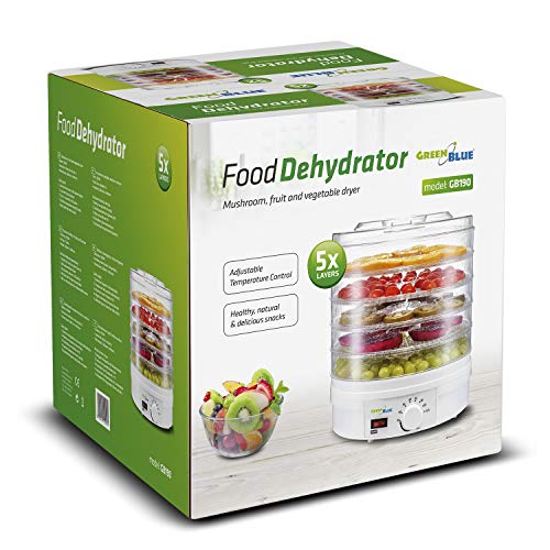 Green Blue GB190 Deshidratador con regulador de temperatura 35 - 70 °, secador de frutas, verduras, champiñones, hierbas, flores, carne, pescado, pasta, 5 placas bandejas de 3,5 cm 250 W