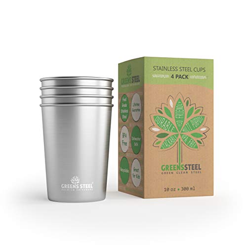 Greens Steel Taza de Acero Inoxidable de 10 oz/300ml (Paquete de 4) Vasos Copas de Metal Tumbler Apilables Premium