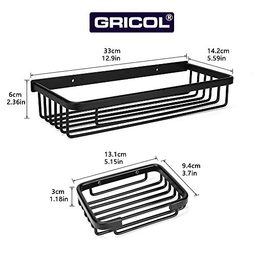 Gricol Estante de Ducha Sin Taladrar en Aluminio Aeronautico Rectangular Estanteria Baño Autoadhesivas Antioxidantes con Jabonera Organizador de Esponja para Baño Cocina (Negro)