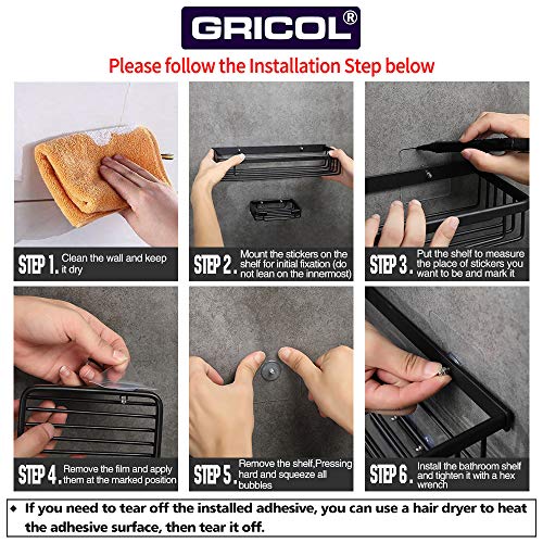 Gricol Estante de Ducha Sin Taladrar en Aluminio Aeronautico Rectangular Estanteria Baño Autoadhesivas Antioxidantes con Jabonera Organizador de Esponja para Baño Cocina (Negro)