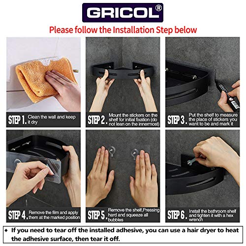 Gricol Estante para Ducha Sin Taladrar de Aluminio Aeronáutico Estanteria Antioxidante Autoadhesivo para Artículos de Baño (Negro)