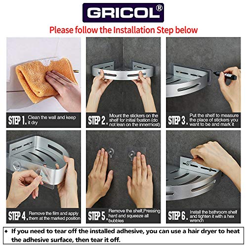 Gricol Estante para Esquinas de Ducha Sin Taladrar de Aluminio Aeronáutico con 2 Ganchos para Ducha Estanteria Antioxidante Autoadhesivo para Artículos de Baño