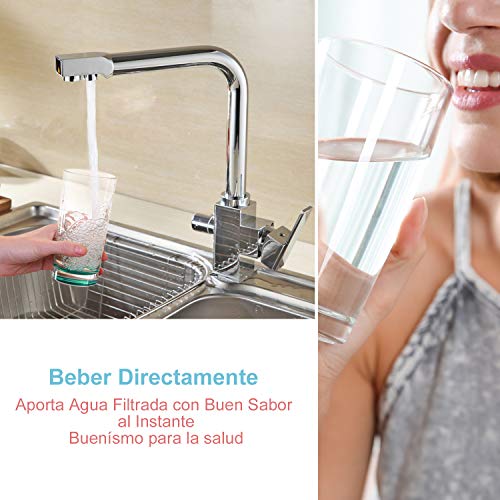 Grifería Cocina con Filtro, Hapilife 1,8KG Grifo Ósmosis 3 Vías Mezclador con Sistema de Agua Purificada de Fregadero, Caño Giratorio 360°, Mangueras Conexión 3/8" Incluidas, 10 Años Garantía