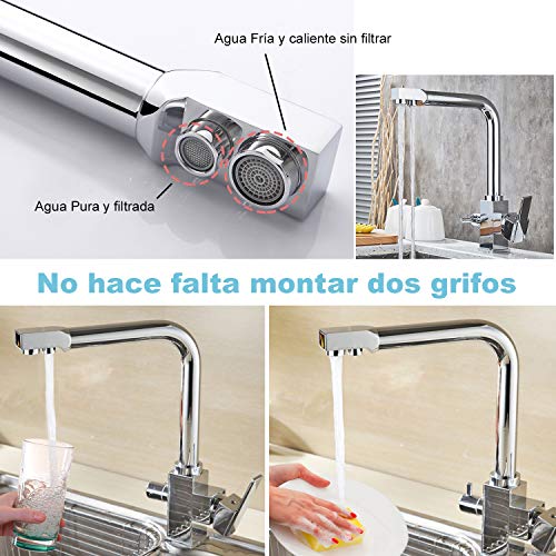 Grifería Cocina con Filtro, Hapilife 1,8KG Grifo Ósmosis 3 Vías Mezclador con Sistema de Agua Purificada de Fregadero, Caño Giratorio 360°, Mangueras Conexión 3/8" Incluidas, 10 Años Garantía