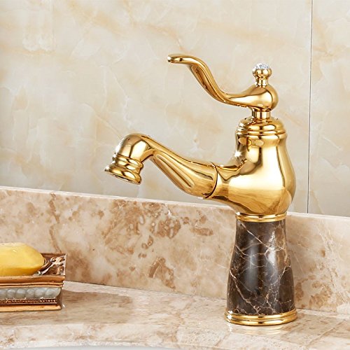 Grifo De Cocina Grifo De Lavabo European All Copper Golden Natural Jade Basin Pull-Down Faucet Gold-Plated Under Counter Basin Universal American Hot And Cold Faucet,Light Luxury Coffee Net Stone