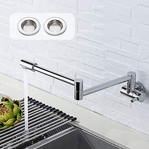 Grifo de la cocina, pulido latón, de pared grifo plegable grifo de llenador de pote juntas dobles Boquilla giratoria de 360° grifo de frio(el colador del fregadero 2pcs como regalo)