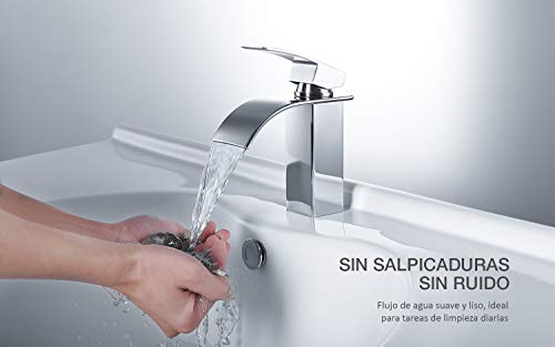 Grifo de Lavabo Baño, MEHOOM Grifo Cascada Monomando para Cuadrado Fregadero Cocina Mezclador, Válvula De Cerámica, Agua Fria y Caliente Disponible, Cromo-plateada Estilo de Moderno