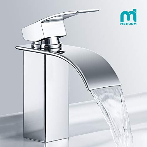 Grifo de Lavabo Baño, MEHOOM Grifo Cascada Monomando para Cuadrado Fregadero Cocina Mezclador, Válvula De Cerámica, Agua Fria y Caliente Disponible, Cromo-plateada Estilo de Moderno