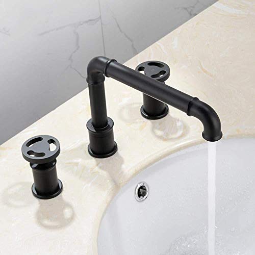 Grifo Grifos Grifería De Cocina Grifería De Grifería Grifería De Lavabo Estilo Industrial Retro Color Negro Mate Grifería De Lavamanos 3 Orificios Grifería De Agua Caliente Y Fría De Doble Orificio