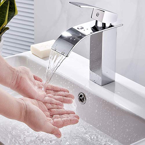 Grifo Lavabo Cascada, Dalmo DBWF01FA Grifo Baño de Latón con Agua Fría y Caliente Disponible, Mezclador Monomando Lavabo con Aleación de Zinc y Válvula De Cerámica, Estilo de Moderno