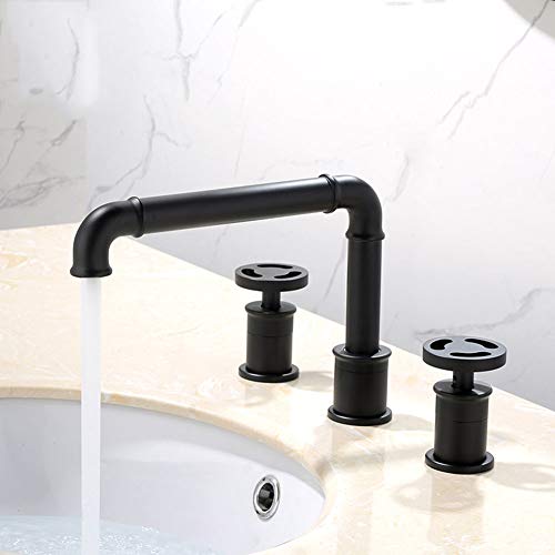 Grifos de lavabo Retro, estilo industrial, color negro mate, grifos para lavamanos, 3 orificios, doble manija, grifo de agua fría y caliente,Negro