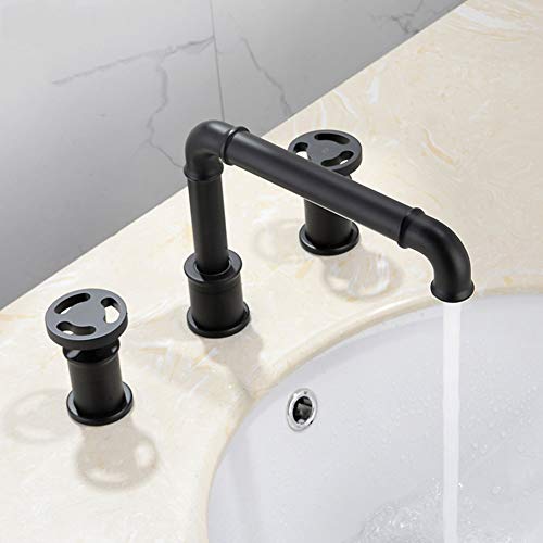 Grifos de lavabo Retro, estilo industrial, color negro mate, grifos para lavamanos, 3 orificios, doble manija, grifo de agua fría y caliente,Negro