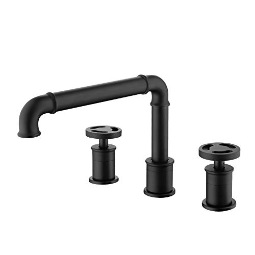 Grifos de lavabo Retro, estilo industrial, color negro mate, grifos para lavamanos, 3 orificios, doble manija, grifo de agua fría y caliente,Negro