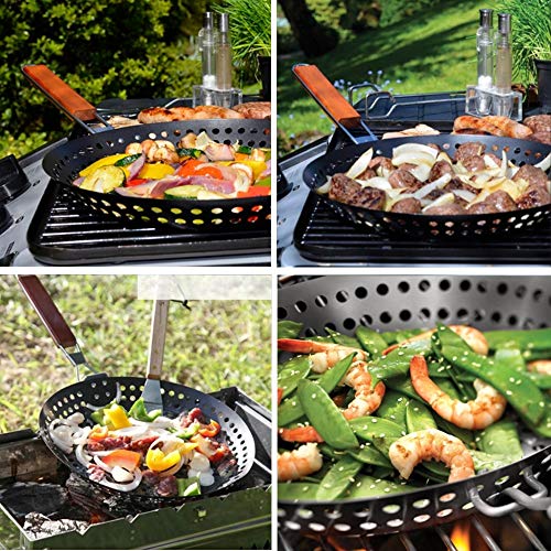 Grill Pan para Barbacoa con Mango de Madera Plegable Sartén para sartén con Agujeros para Parrilla Exterior Bandeja de Barbacoa como Plato de Parrilla para Verduras Carne de mariscos