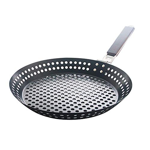 Grill Pan para Barbacoa con Mango de Madera Plegable Sartén para sartén con Agujeros para Parrilla Exterior Bandeja de Barbacoa como Plato de Parrilla para Verduras Carne de mariscos