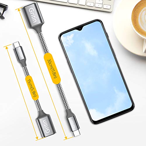 Gritin Adaptador USB C a USB 3.0, 2 Pack [0.15M +0.3M] Cable USB C OTG 5 Gbps para MacBook Pro, Xiaomi Note 7/Mi 9T/Mi A1, Galaxy S10/S9, Huawei P10/P9/Mate 10, OnePlus, y Más Dispositivos con USB C