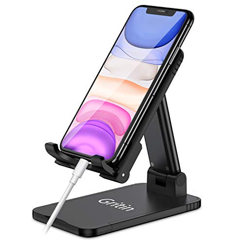 Gritin Soporte Móvil, Multiángulo Soporte Teléfono Mesa, Soporte Dock Base Plegable&Portátil con Almohadilla de Silicona Antideslizante para Teléfono Móvil iPhone, Android y Tablet