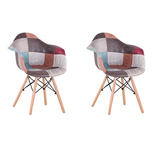 GroBKau Juego de 2 Sillones de Comedor Modernos de Mediados de Siglo de Patchwork Tapizados con Reposabrazos; Ideal para Sala de Estar, Comedor, Cafetería, etc, (Cuero Sintético)