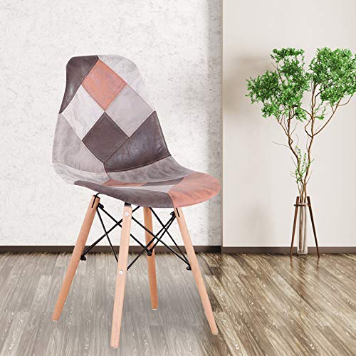 GroBKau Juego de 4 Sillas de Comedor Modernas de Mediados de Siglo de Tela de Patchwork Tapizadas con Base de Madera; Ideal para Sala de Estar, Comedor, Cafetería, etc. Gris-PU