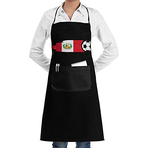 Groefod Delantal babero ajustable unisex Bandera de Perú Balón de fútbol Delantales de cocina de cocina duraderos con 2 bolsillos Negro