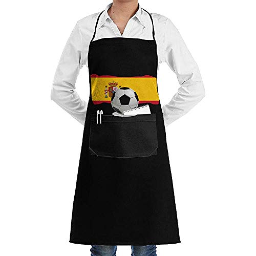 Groefod Delantal con peto para mujeres Hombres Chef Balón de fútbol con bandera de España Cómodo delantal de cocina con 2 bolsillos