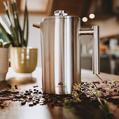 Groenenberg Cafetera Francesa 0,6 litro (3 Tazas) | Cafetera émbolo de Acero INOX | French Press de Doble Pared aislada | Cafetera con filtros de Repuesto e Instrucciones | Apta para lavaplatos