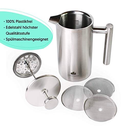 Groenenberg Cafetera Francesa 0,6 litro (3 Tazas) | Cafetera émbolo de Acero INOX | French Press de Doble Pared aislada | Cafetera con filtros de Repuesto e Instrucciones | Apta para lavaplatos