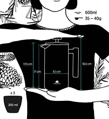 Groenenberg Cafetera Francesa 0,6 litro (3 Tazas) | Cafetera émbolo de Acero INOX | French Press de Doble Pared aislada | Cafetera con filtros de Repuesto e Instrucciones | Apta para lavaplatos