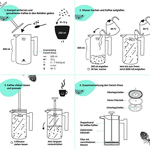 Groenenberg Cafetera Francesa 0,6 litro (3 Tazas) | Cafetera émbolo de Acero INOX | French Press de Doble Pared aislada | Cafetera con filtros de Repuesto e Instrucciones | Apta para lavaplatos