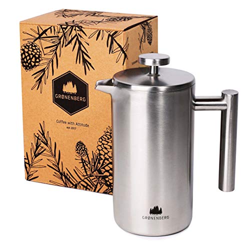 Groenenberg Cafetera Francesa 0,6 litro (3 Tazas) | Cafetera émbolo de Acero INOX | French Press de Doble Pared aislada | Cafetera con filtros de Repuesto e Instrucciones | Apta para lavaplatos