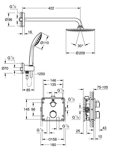 Grohe 34734000 34734000-Grohtherm Combinación Perfecta de Ducha con Rainshower Cosmopolitan 210, Eckiges Design, 210 mm