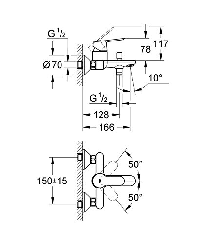 Grohe BauEdge - Grifo para ducha y baño con sistema de montaje en pared e inversor automático. Incluye sistema de ahorro de agua y limitador de caudal ajustable (Ref. 23334000)