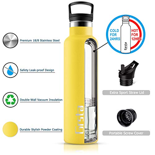 Grsta Botella Agua Acero Inoxidable - Termo para Agua Fria 750ml/Amarillo Botella Termica sin BPA Aislamiento de Vacío de Doble Pared Reutilizable para Niños, Colegio, Sport, Familia