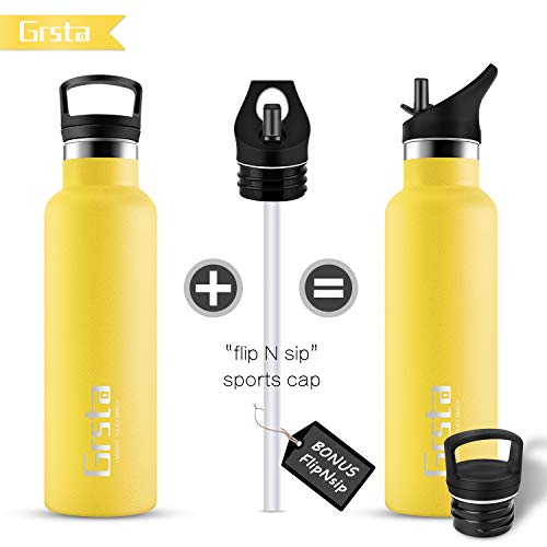 Grsta Botella Agua Acero Inoxidable - Termo para Agua Fria 750ml/Amarillo Botella Termica sin BPA Aislamiento de Vacío de Doble Pared Reutilizable para Niños, Colegio, Sport, Familia