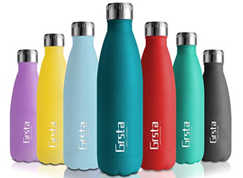 Grsta Botella de Agua, Botella Agua Acero Inoxidable sin BPA 500ml/Musgo Verde Completo Botellas de Frío/Caliente Termo Botellas Termica Prueba de Fugas para Niños, Adultos, Deporte, Yoga, Ciclismo