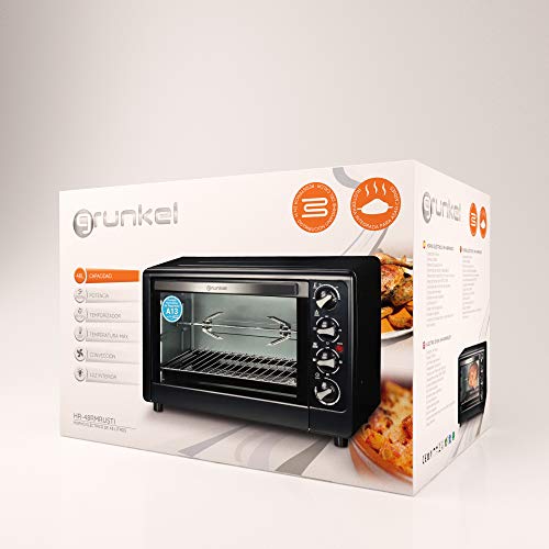 Grunkel - HR-48RMRUSTI - Horno eléctrico multifunción de sobremesa de 48l con 3 funciones de calor y selector de temperatura hasta 230ºC. Incluye rustidora y temporizador hasta 60 min - 2200W - Negro