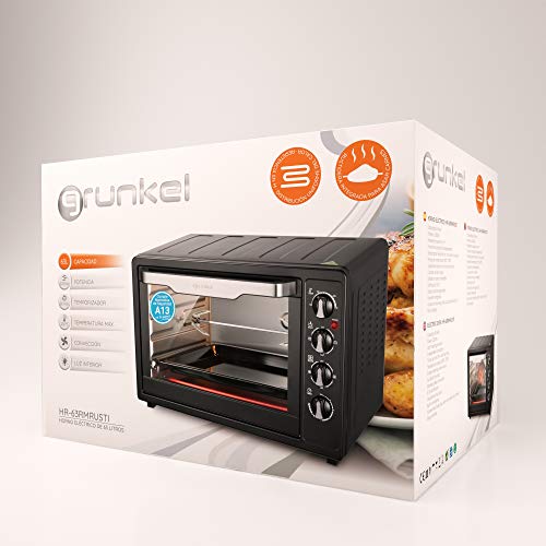 Grunkel - HR-63RMRUSTI - Horno eléctrico multifunción de sobremesa de 63l con 3 funciones de calor y selector de temperatura hasta 230ºC. Incluye rustidora y temporizador hasta 60 min - 2200W - Negro