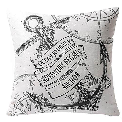 Gspirit 4 Pack Oceano Serie Brújula Mapa Ancla Navegación Algodón Lino Throw Pillow Case Funda de Almohada para Cojín 45x45 cm