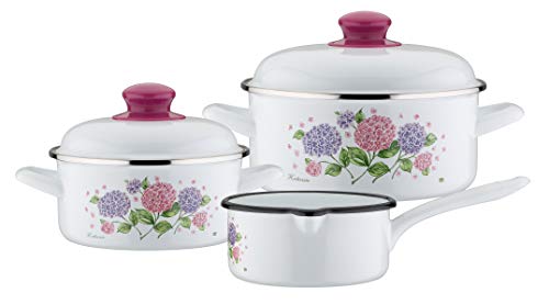 GSW 189965 Hortensie - Batería de cocina (5 piezas, acero esmaltado, plástico), color blanco