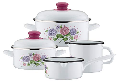 GSW Hortensie - Batería de cocina (6 piezas), Acero esmaltado, plástico, Blanco