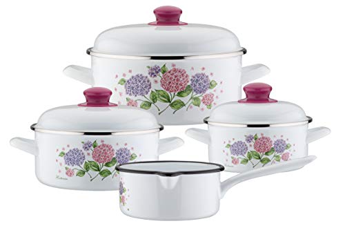 GSW Hortensie - Batería de cocina (7 piezas), Acero esmaltado, plástico, Blanco