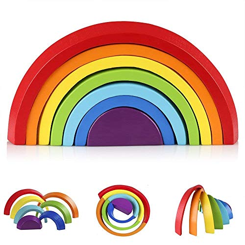 GuangFan Juguetes Educativos Apilador de Arcoiris de Madera Puzzle de Anidamiento Grande Jugar Bloques Bloques de Construcción para Niños Niño Niña